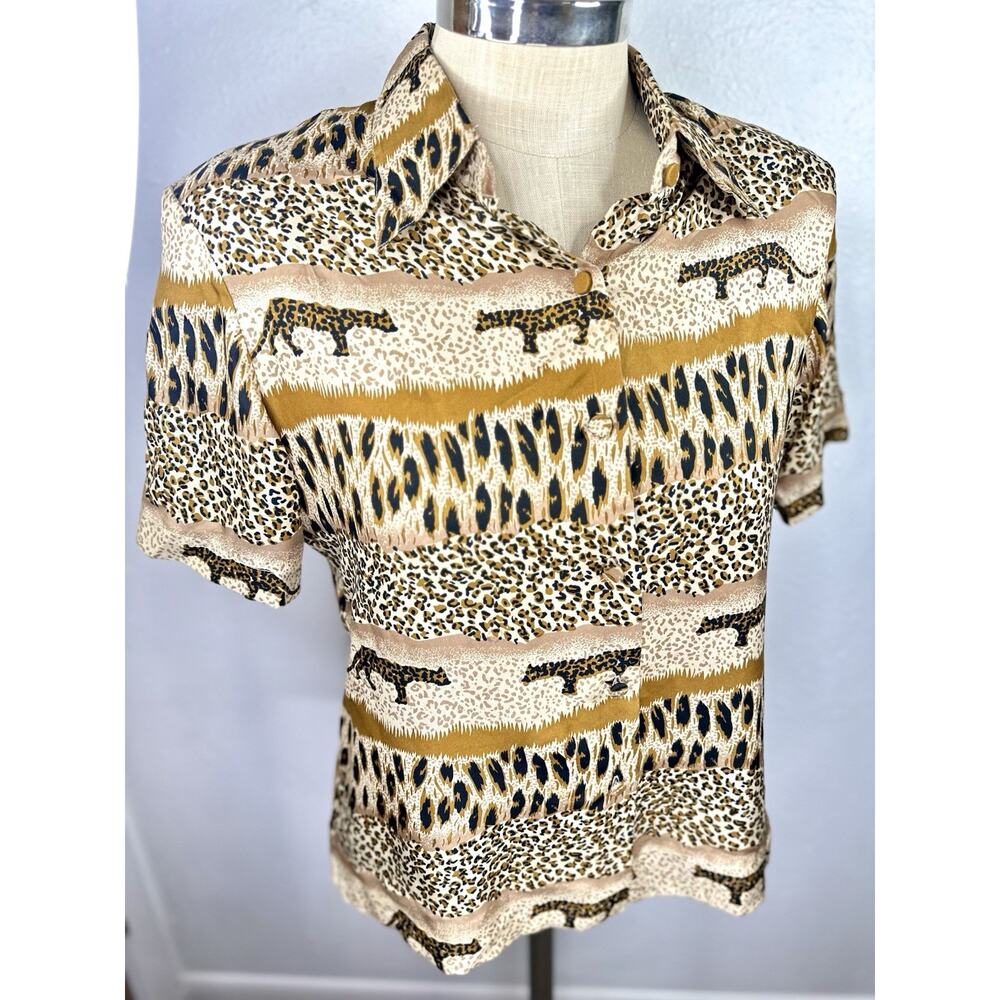 Vtg K Arnold Safari Cheetah Silk Button Up Blouse Medium Animal Print